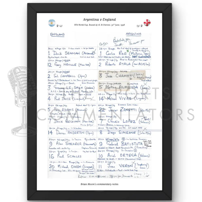 FOOTBALL Argentina v England World Cup Round of 16 St Etienne France. 30 June 1998. Brian Moore A3 Framed Print Picture
