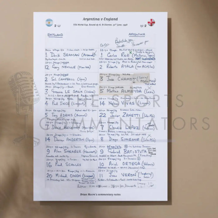 FOOTBALL Argentina v England World Cup Round of 16 St Etienne France. 30 June 1998. Brian Moore A3 Print Only Picture