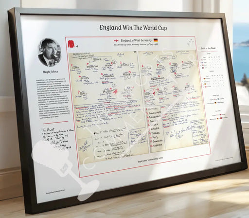 A framed print of Hugh John's commentary notes to the 1996 football World Cup Final between England and Germany