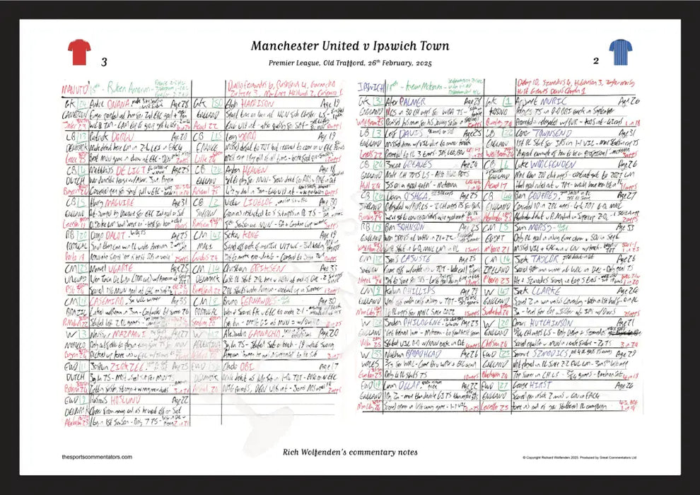 FOOTBALL Manchester United v Ipswich Town Premier League Old Trafford 26 February 2025. Rich Wolfenden. A3 Framed Print