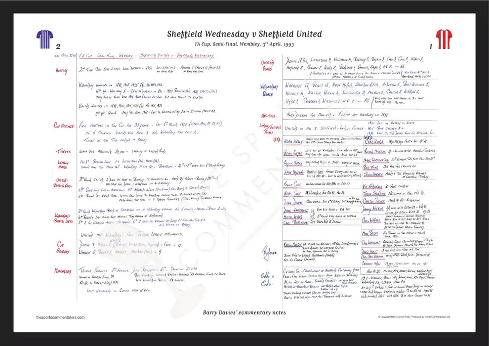 FOOTBALL Sheffield Wednesday v Sheffield United FA Cup Semi Final Wembley Stadium 3 April 1993. Barry Davies. A3 Framed