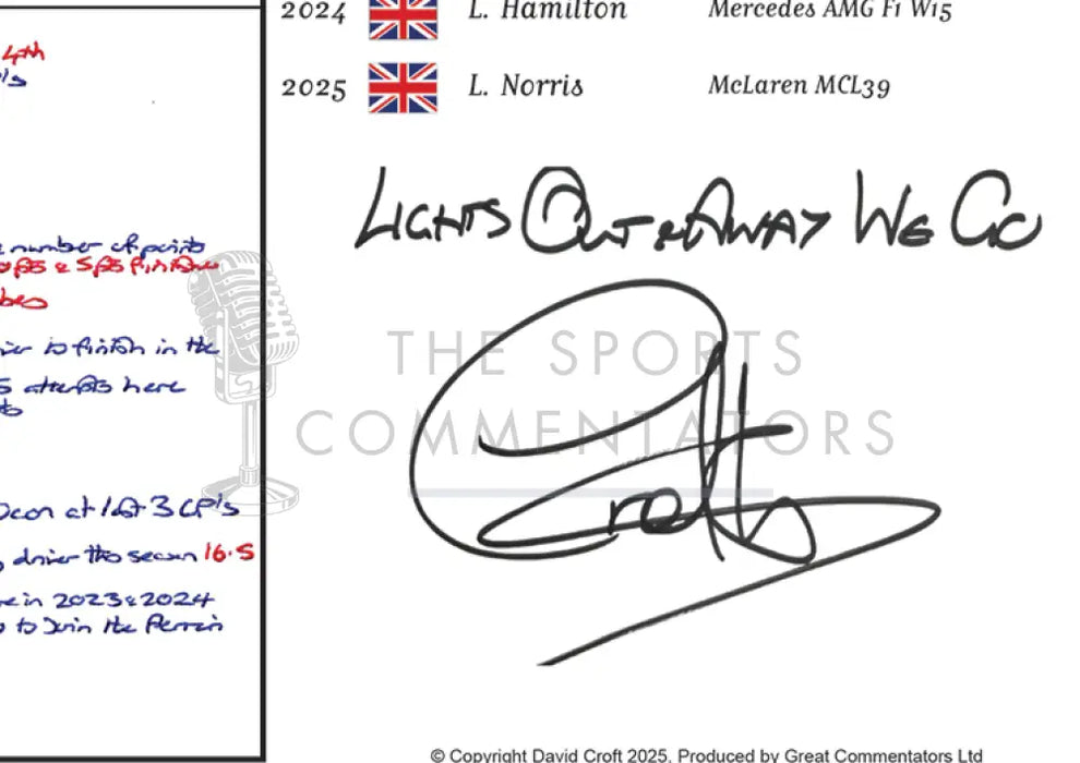 Formula 1 75 Years of F1 Silverstone Special British Grand Prix Silverstone 6 July 2025. David Croft. A2 Signed (framed