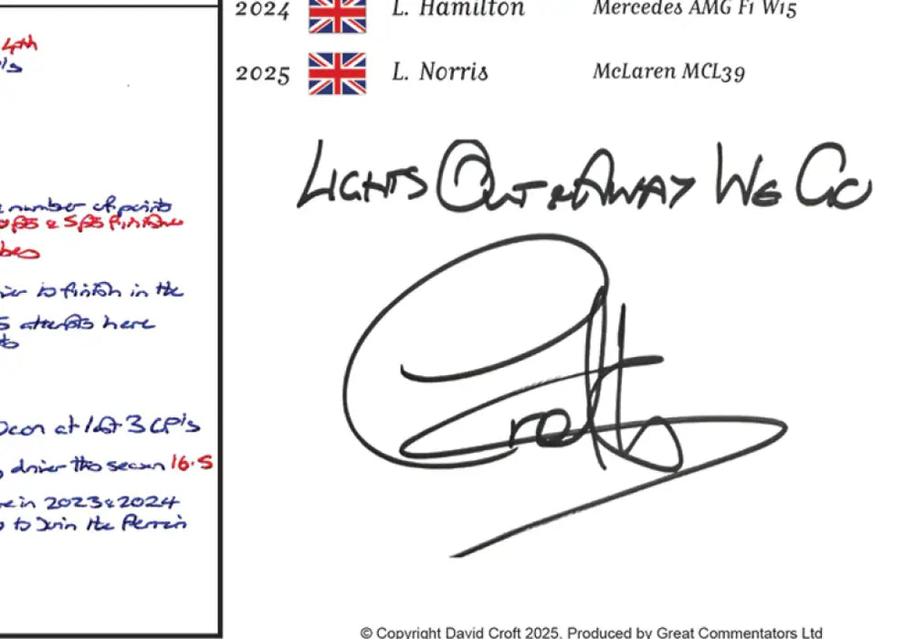 Formula 1 75 Years of F1 Silverstone Special British Grand Prix Silverstone 6 July 2025. David Croft. A2 Signed (framed