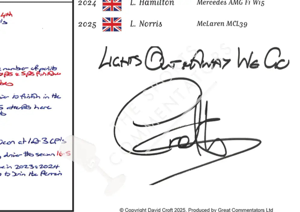 Formula 1 75 Years of F1 Silverstone Special British Grand Prix Silverstone 6 July 2025. David Croft. A2 Signed (framed