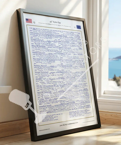 Print of John Murray's commentary sheets on Europe's 2025 Ryder Cup win against USA at Bethpage Black, New York 