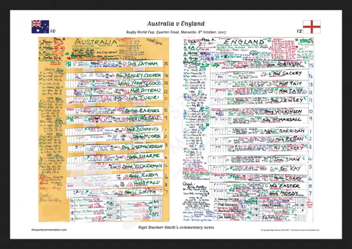 RUGBY UNION Australia v England Rugby World Cup Quarter Final Marseille. October 6 2007. Nigel Starmer-Smith. A3 Framed