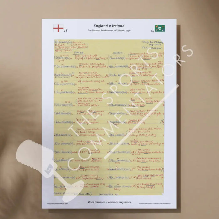 RUGBY UNION England v Ireland Five Nations Twickenham 16 March 1996. Miles Harrison. A3 Print only Picture Frames