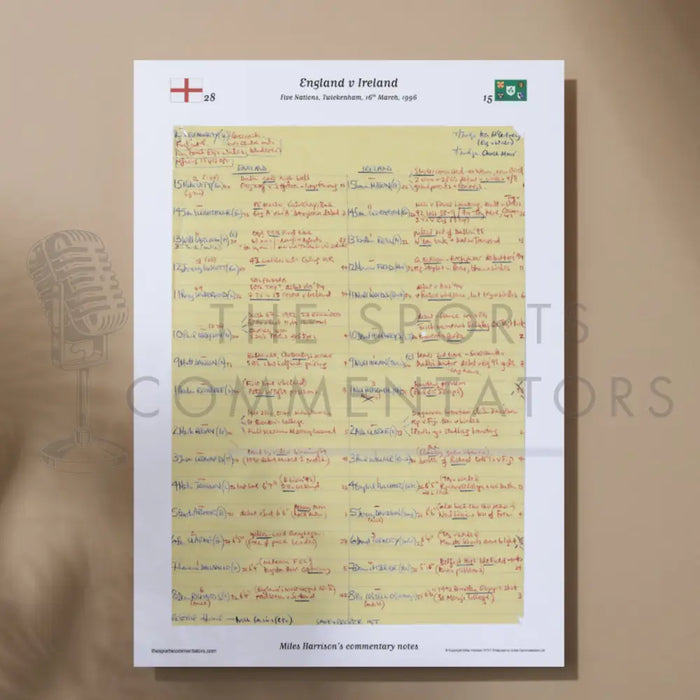 RUGBY UNION England v Ireland Five Nations Twickenham 16 March 1996. Miles Harrison. A3 Print only Picture Frames