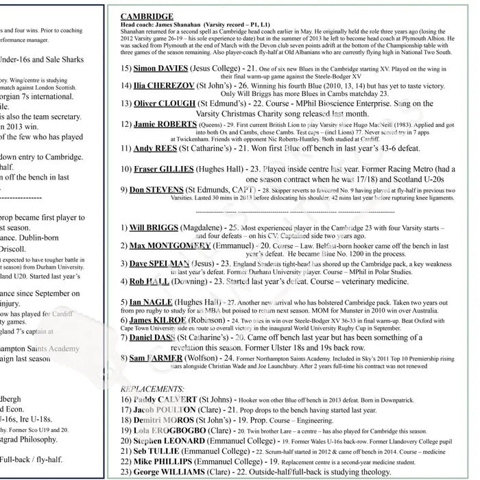 RUGBY UNION Oxford v Cambridge Men’s Varsity Match Twickenham Stadium London. 10 December 2015. Andrew Cotter.