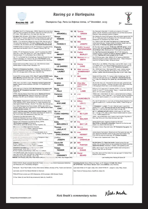 RUGBY UNION Racing 92 v Harlequins Champions Cup Paris La Defense Arena. 10 December 2023. Nick Heath A3 Framed Print