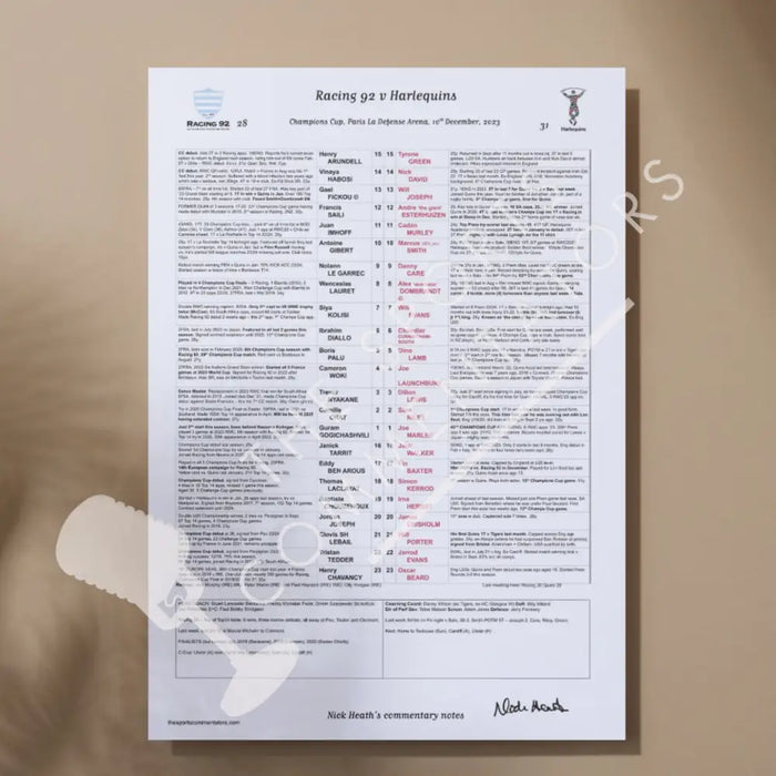 RUGBY UNION Racing 92 v Harlequins Champions Cup Paris La Defense Arena. 10 December 2023. Nick Heath A3 Print Only