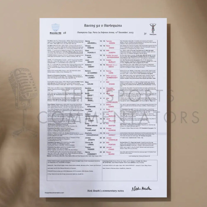 RUGBY UNION Racing 92 v Harlequins Champions Cup Paris La Defense Arena. 10 December 2023. Nick Heath A3 Print Only