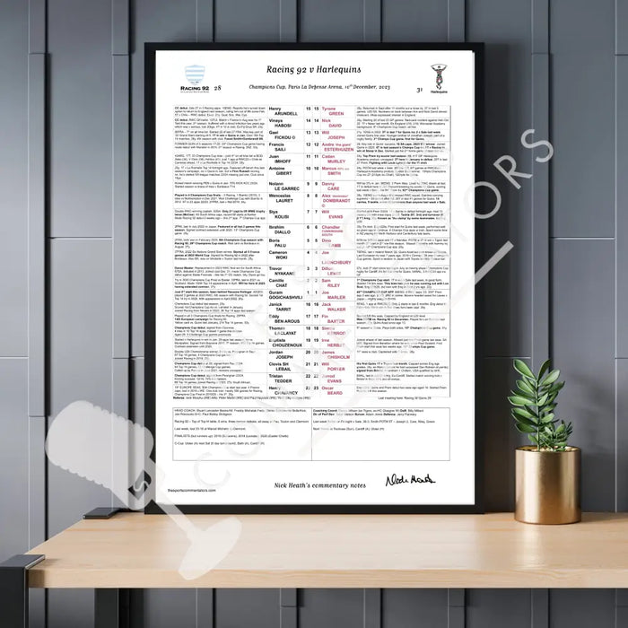 RUGBY UNION Racing 92 v Harlequins Champions Cup Paris La Defense Arena. 10 December 2023. Nick Heath Picture Frames