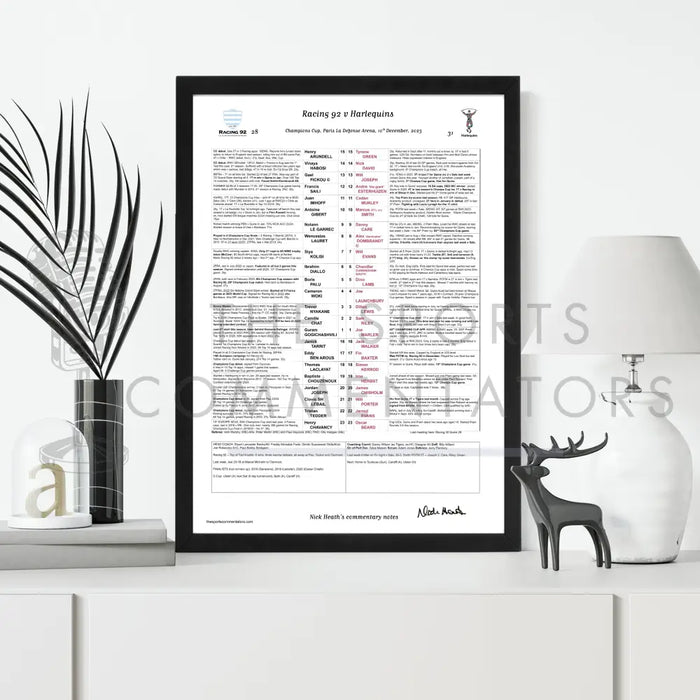 RUGBY UNION Racing 92 v Harlequins Champions Cup Paris La Defense Arena. 10 December 2023. Nick Heath Picture Frames