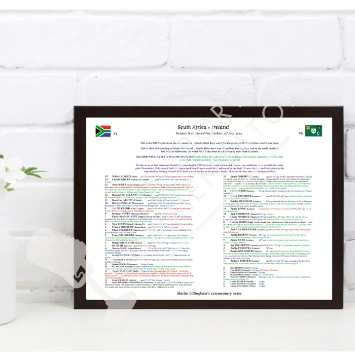 RUGBY UNION South Africa v Ireland Summer Tour Second Test Durban July 13 2024. Martin Gillingham A3 Framed Print