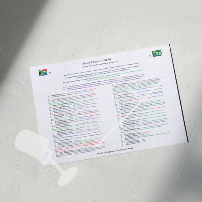 RUGBY UNION South Africa v Ireland Summer Tour Second Test Durban July 13 2024. Martin Gillingham A3 Print Only Picture