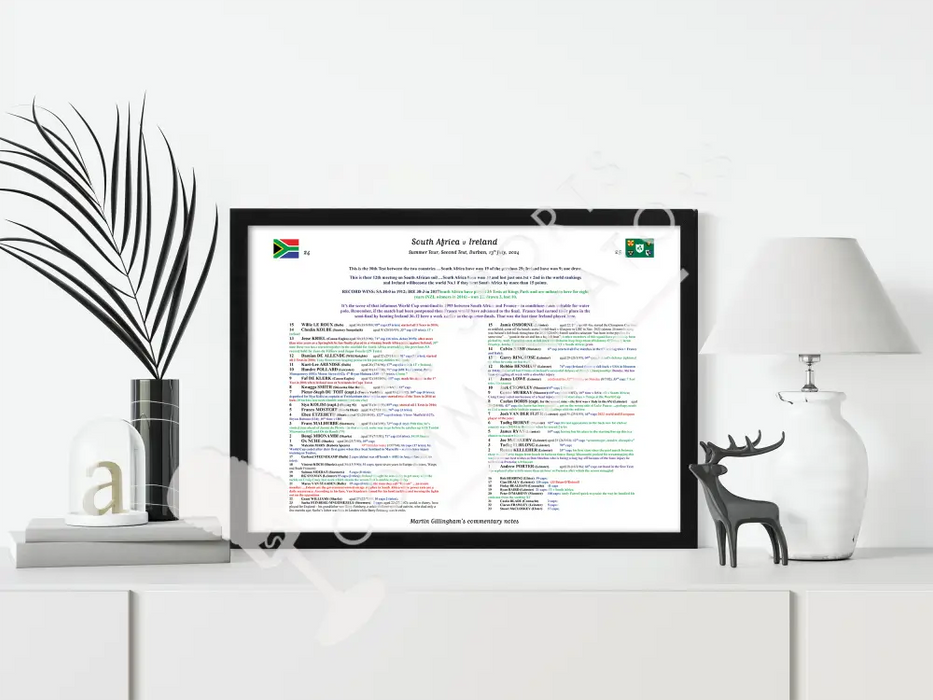 RUGBY UNION South Africa v Ireland Summer Tour Second Test Durban July 13 2024. Martin Gillingham Picture Frames