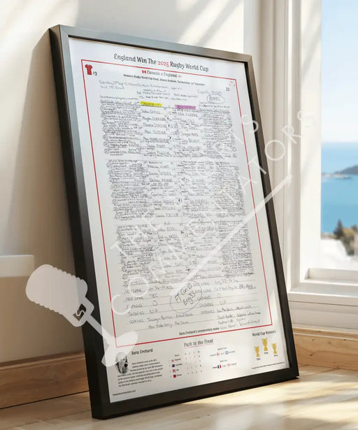 Picture of Sara Orchard's commentary sheets to the 2025 Womens Rugby World Cup Finals won by England