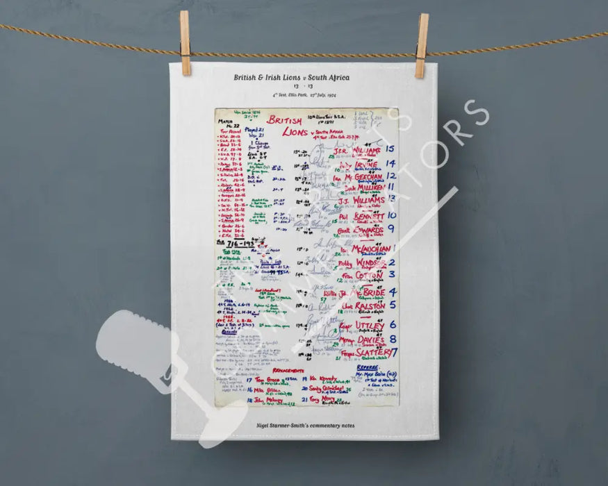 Tea Towel: British and Irish Lions v South Africa 4th Test Ellis Park 1974. Nigel Starmer- Smith Tea Towel