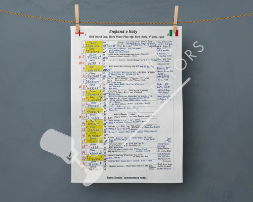 Tea Towel: FIFA World Cup England v Italy Bari 7 July 1990. Barry Davies Tea Towel