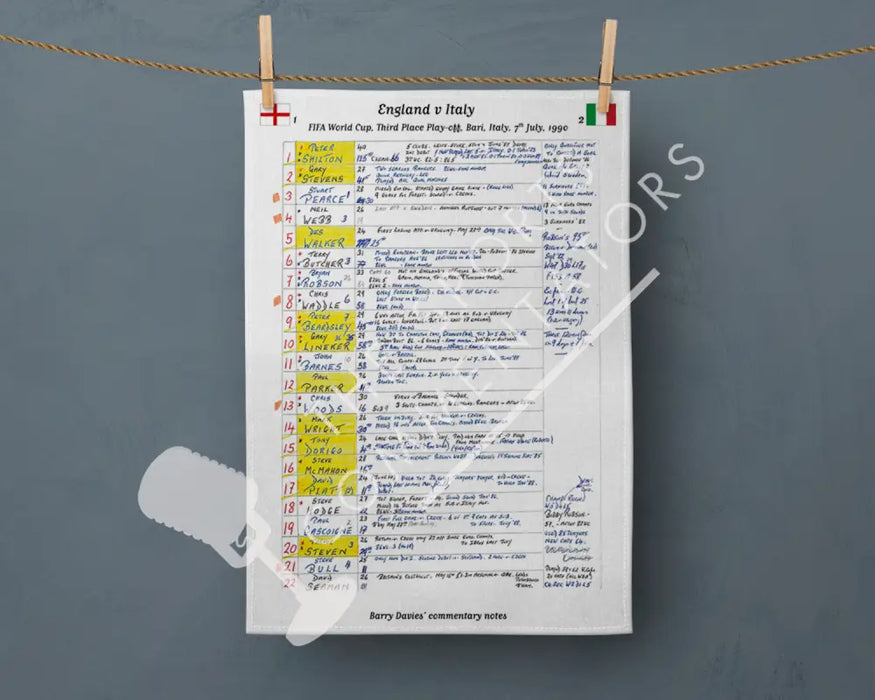 Tea Towel: FIFA World Cup England v Italy Bari 7 July 1990. Barry Davies Tea Towel
